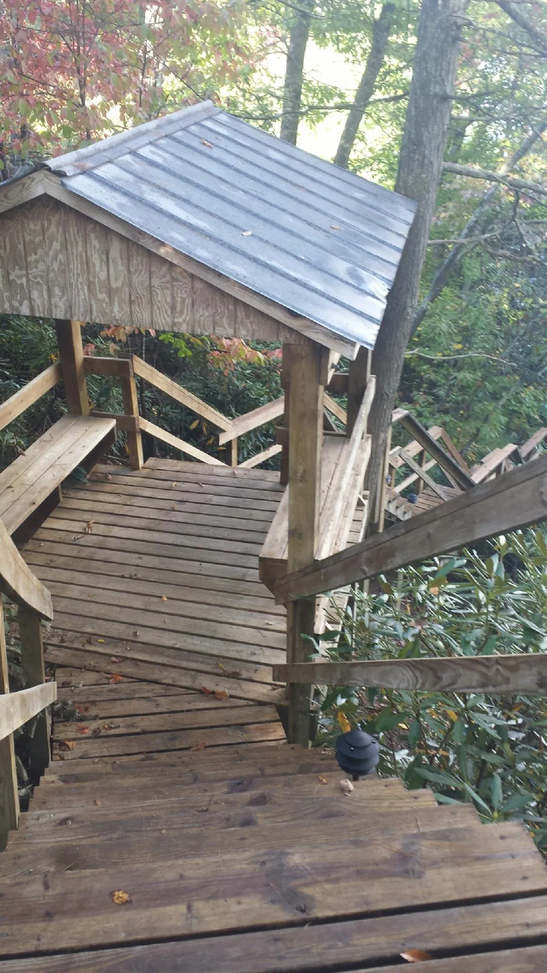 Metal roofed shelter over wooden steps on a wooded walkway — Skylight Repair & Installation work by our crew in Walkertown